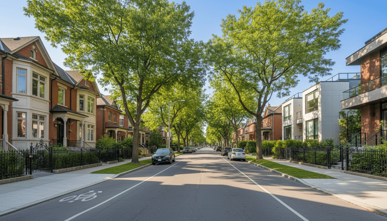 Charming Toronto neighborhood street with diverse, well-maintained houses on a sunny day