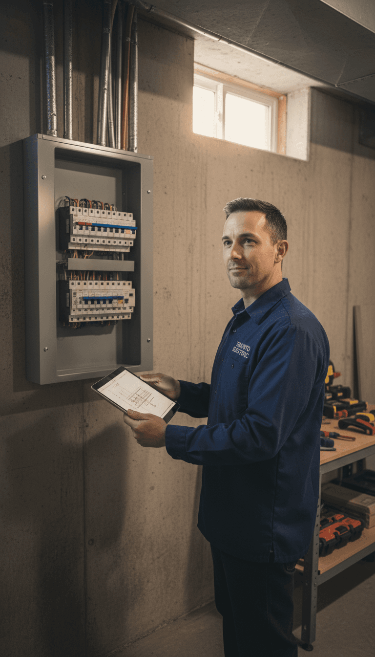 Electrician with tablet near electrical panel