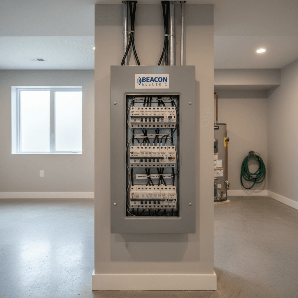 Newly installed electrical panel with labeled circuit breakers in a clean basement