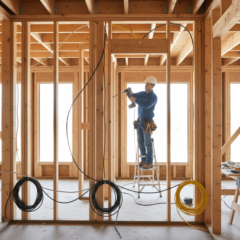 Electrician roughing in wiring during new home construction