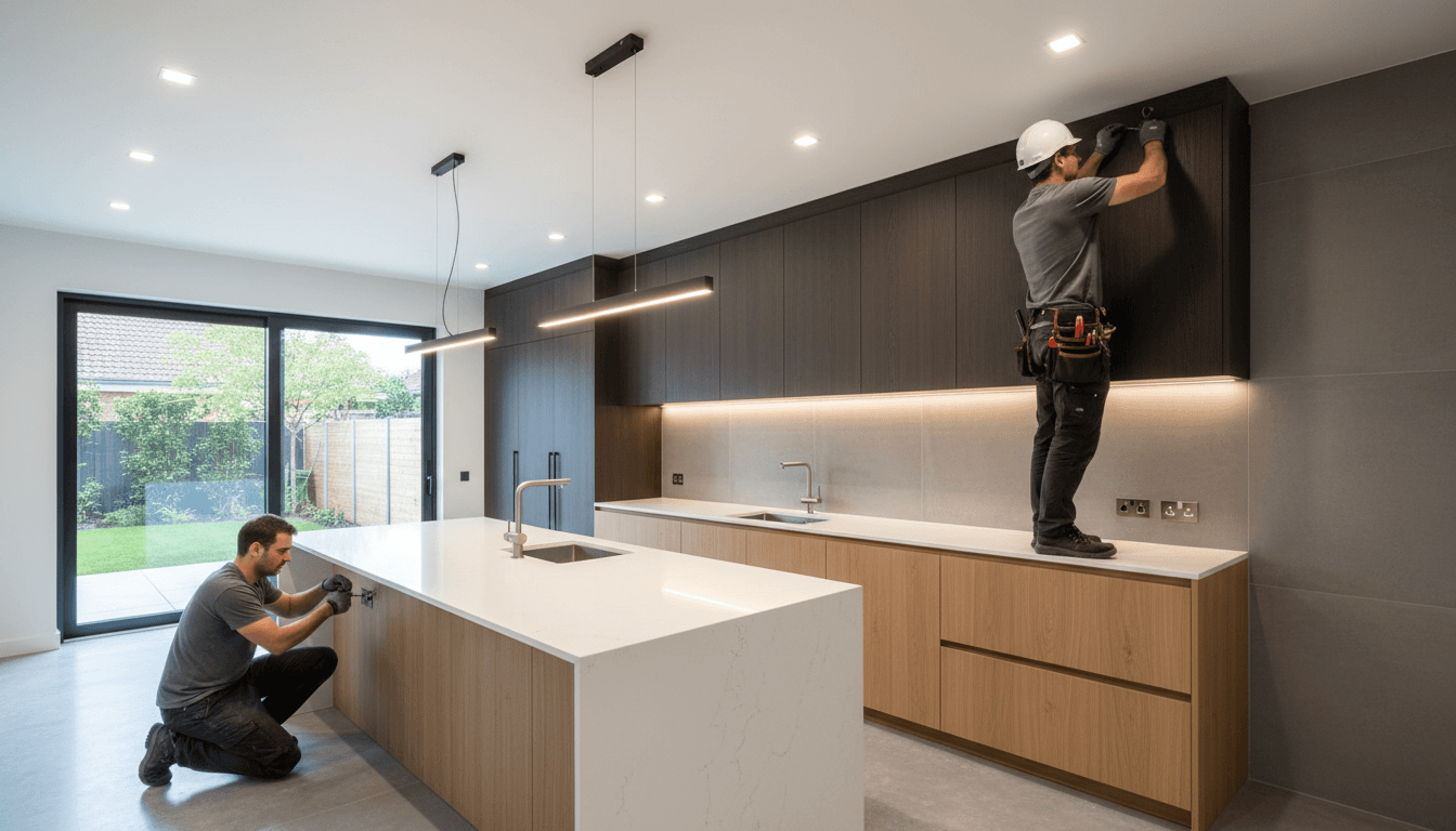 electrician installing kitchen light fixture