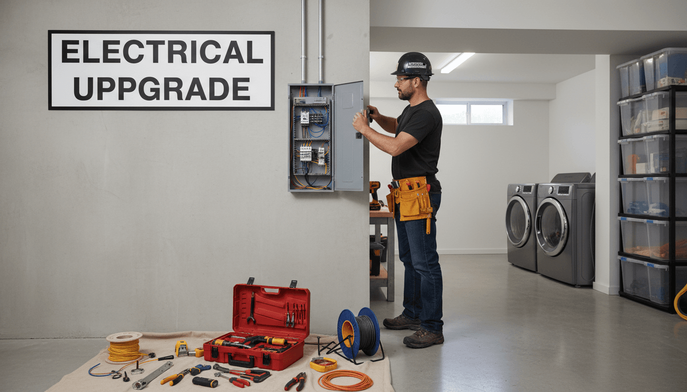 Licensed electrician installing an electrical panel in a clean residential basement