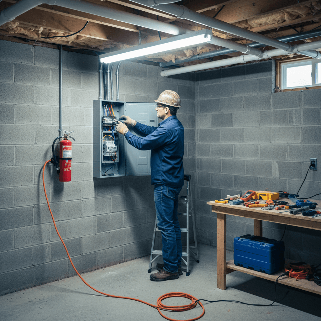 Electrician installing a new electrical panel in a clean residential basement