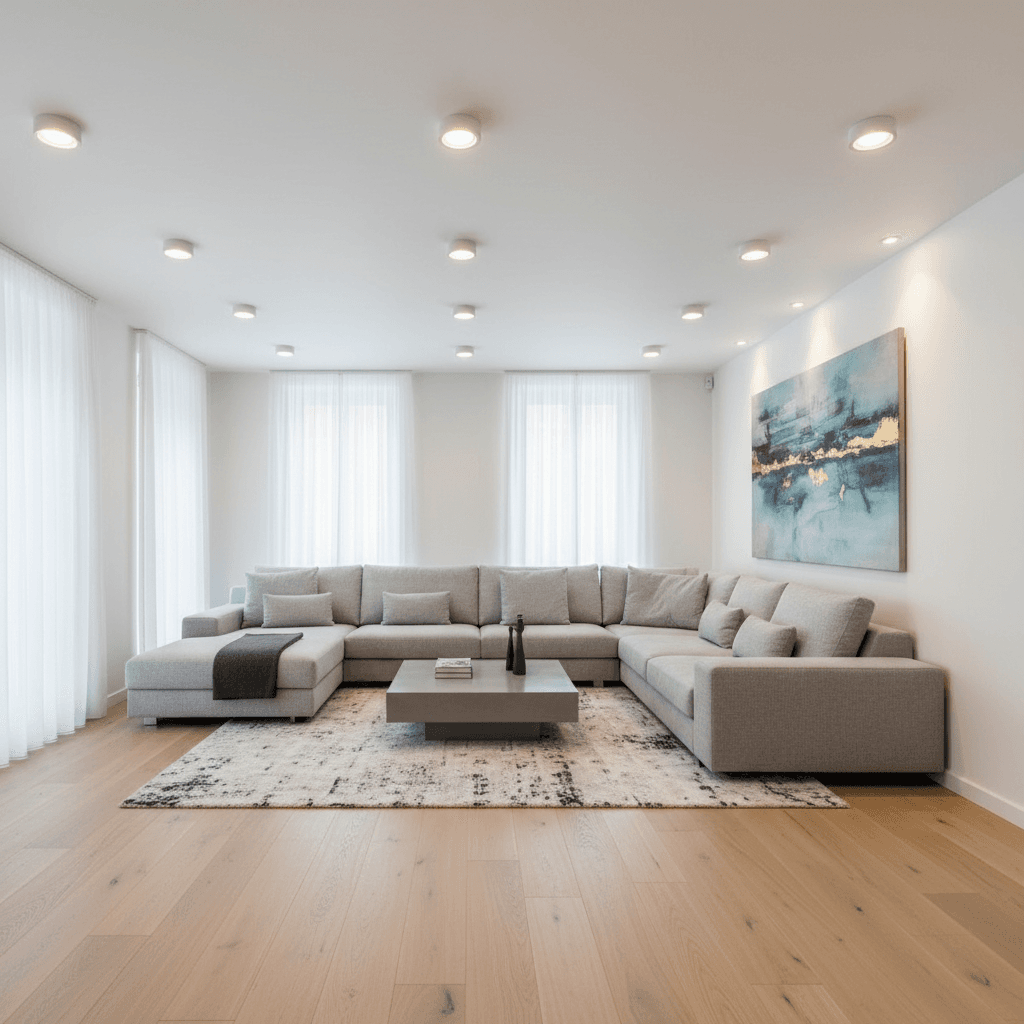 New recessed lighting installed in a bright living room