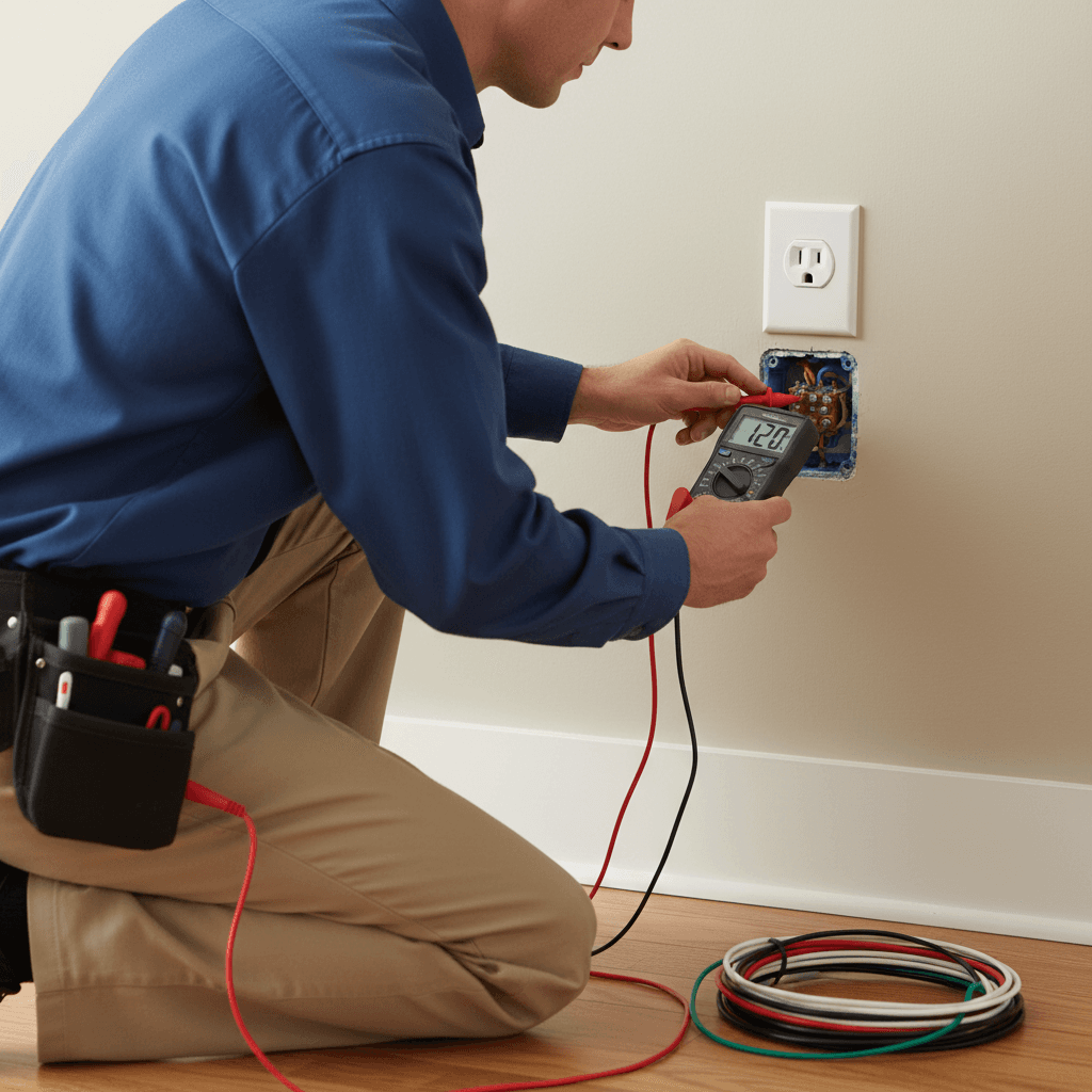 Electrician inspecting and testing wiring