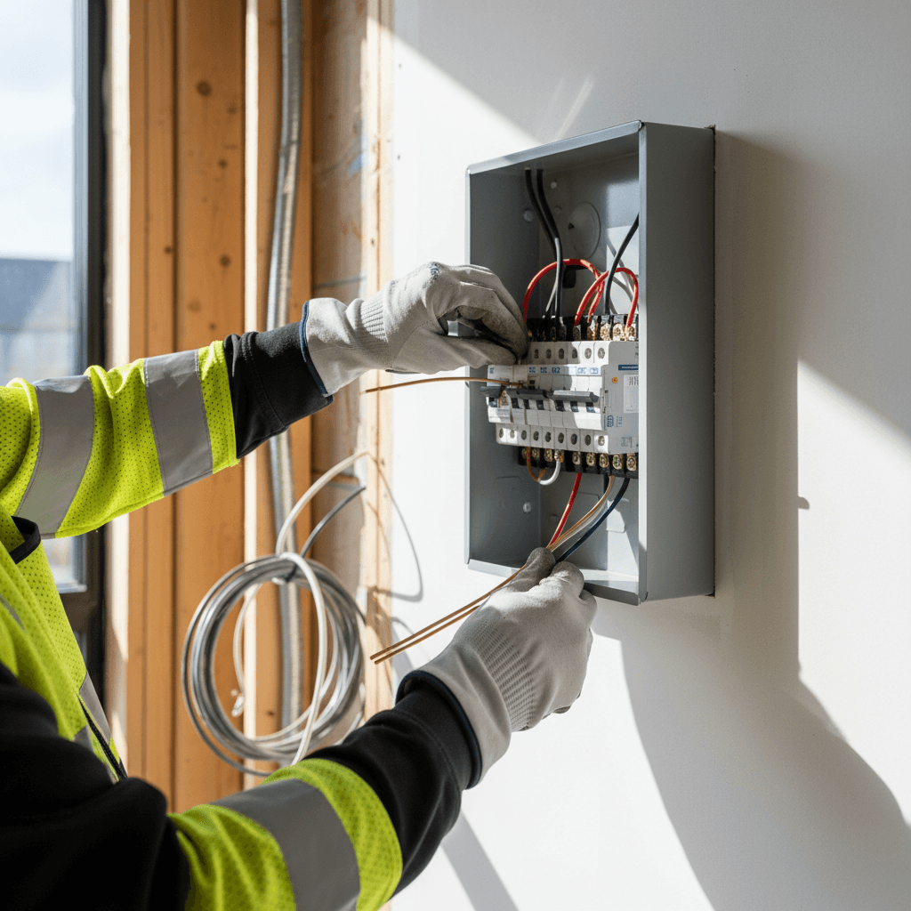 Finished electrical panel installation in clean residential basement with professional wiring
