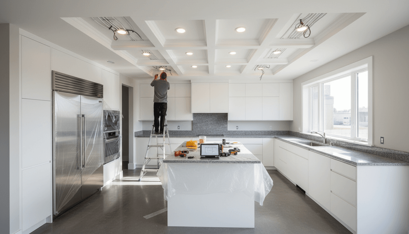 Kitchen renovation showing new recessed lighting and wiring for appliances