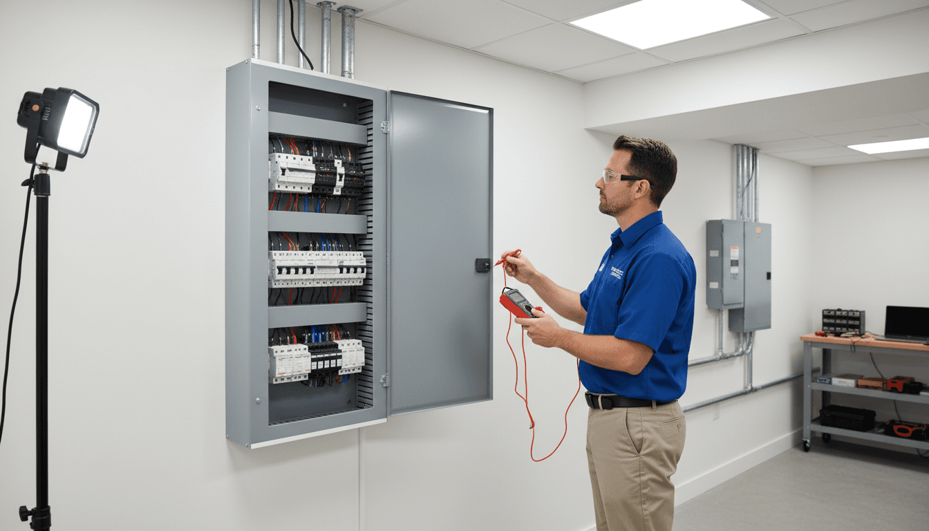 licensed electrician holding clipboard and pointing at electrical panel in well lit basement