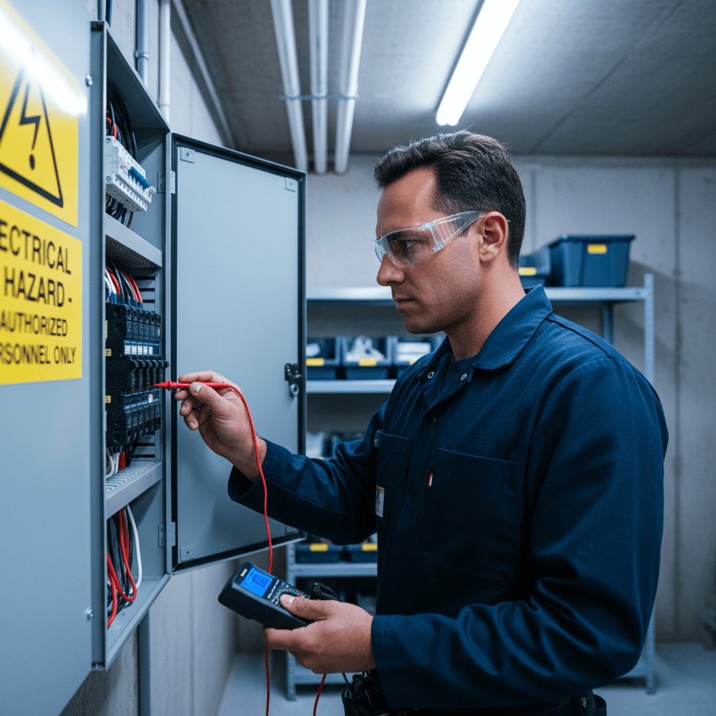 Licensed electrician inspecting electrical panel with multimeter in residential basement