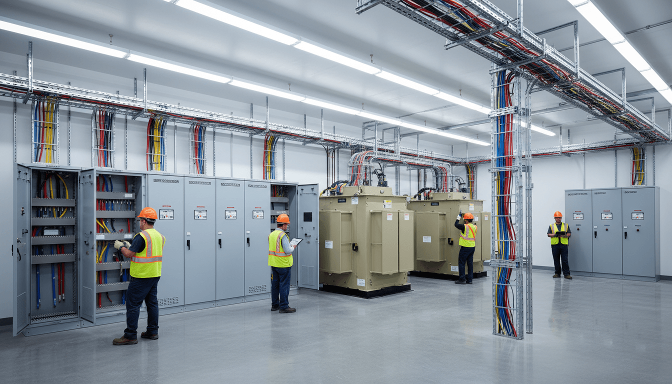 Industrial electrical room with organized switchgear and conduit runs