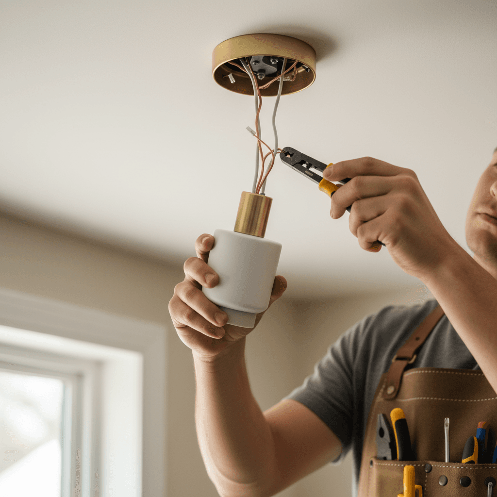 Electrician working on new wiring installation in modern home ceiling with tools