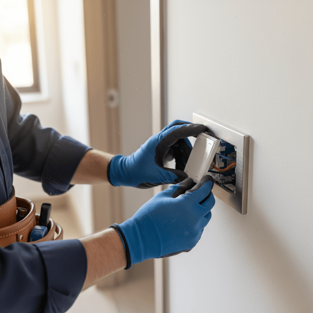 electrician installing a new light switch in a modern home interior with warm lighting