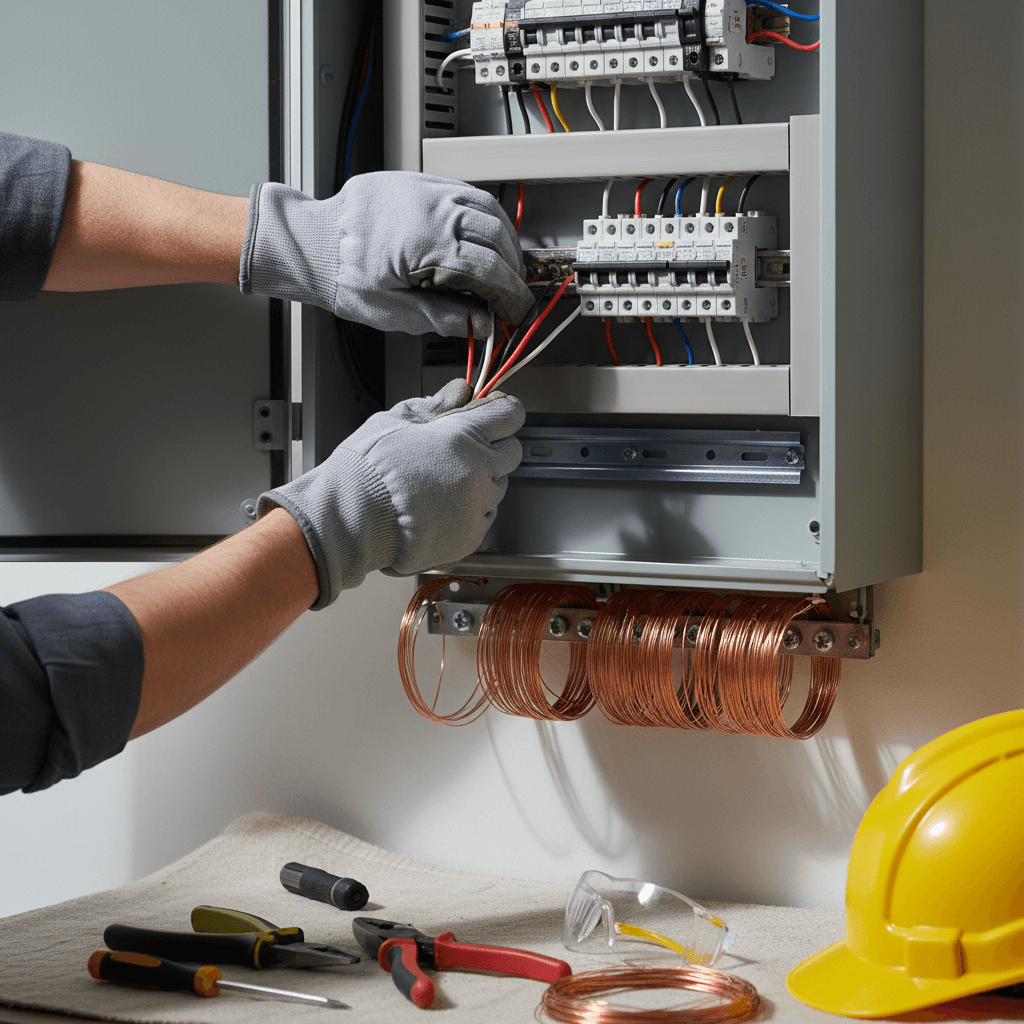 Licensed electrician with tools in a residential basement