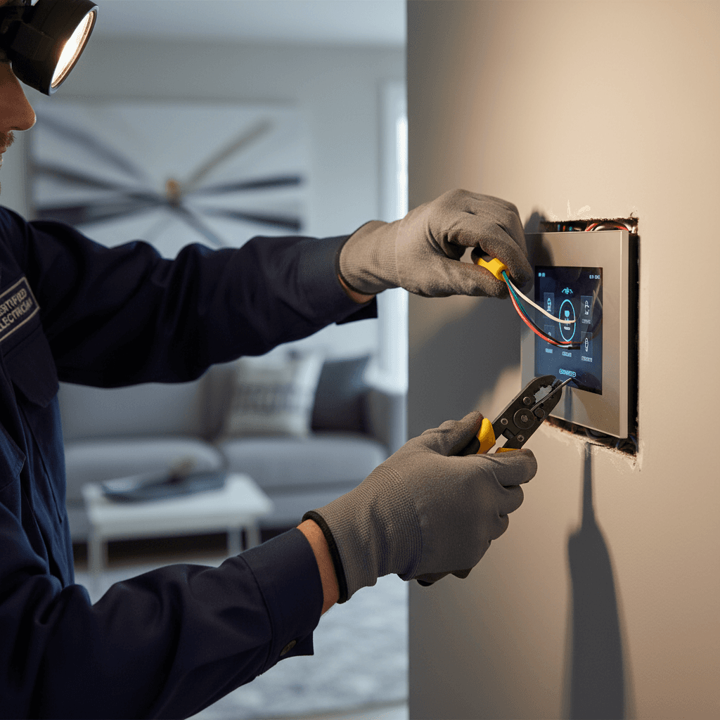 Electrician in front of electrical panel