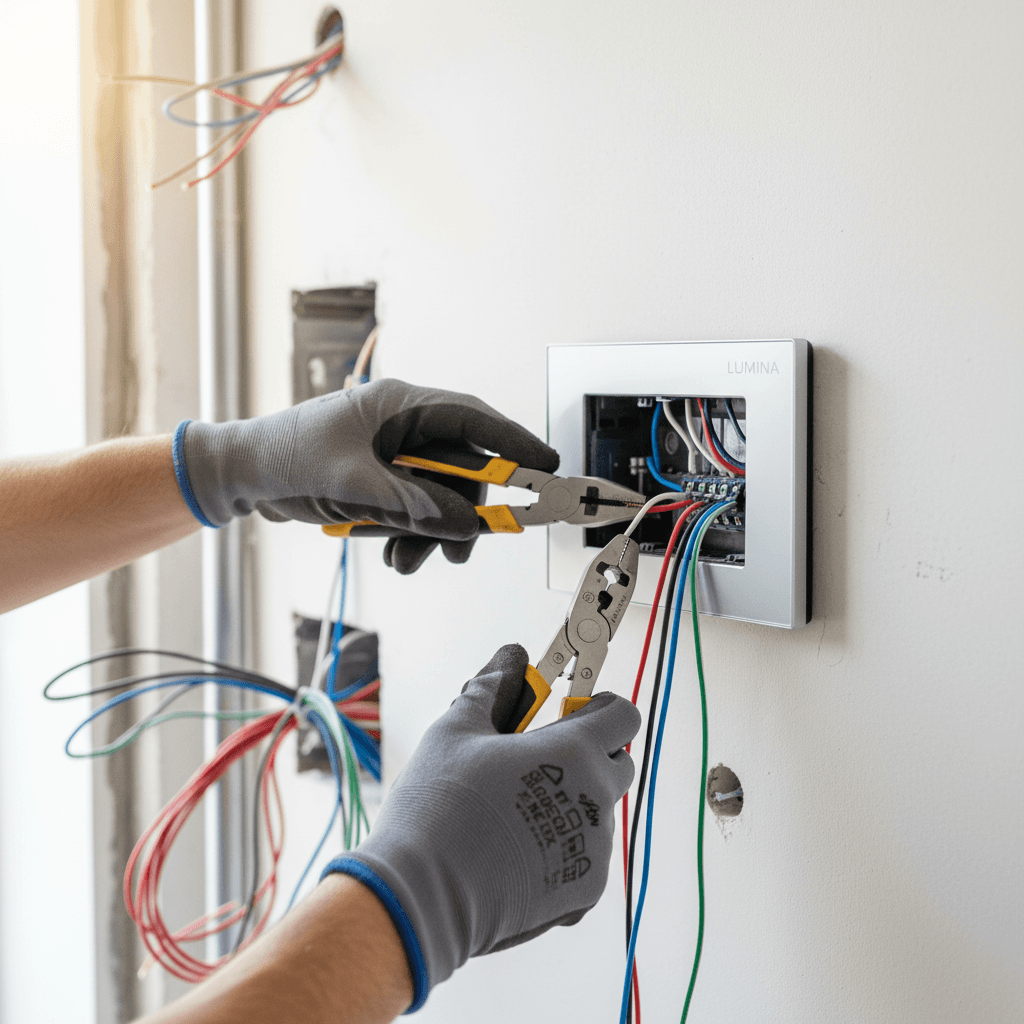 electrician inspecting electrical panel in modern home
