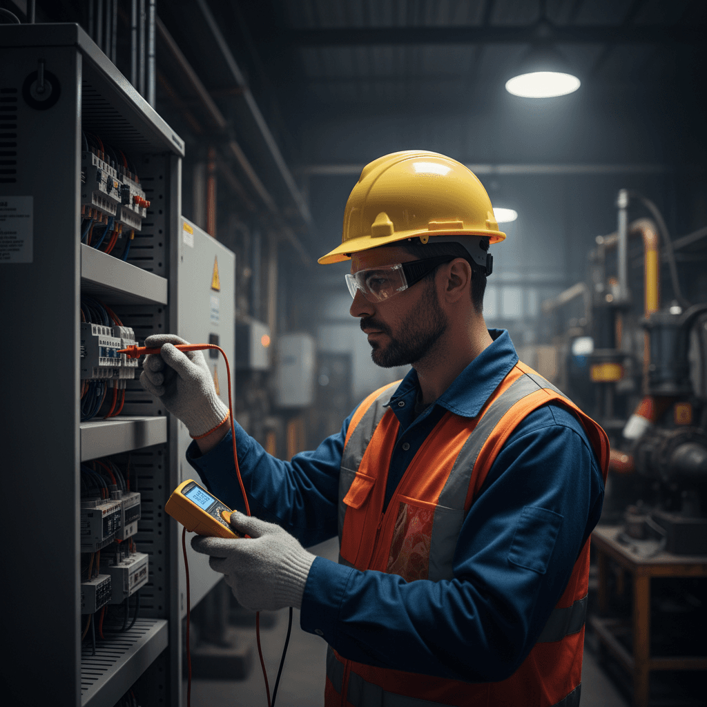 Electrician inspecting electrical panel with multimeter