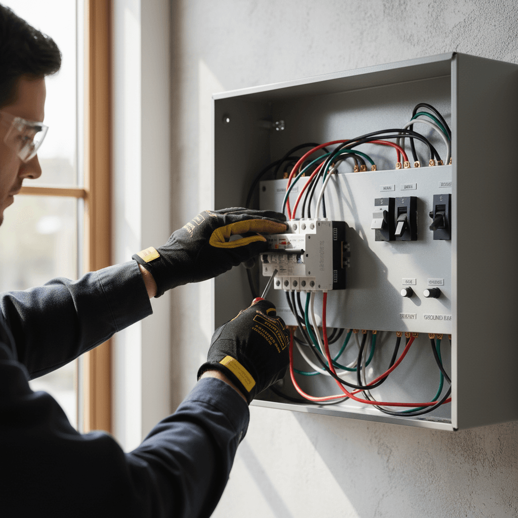Licensed electrician installing a modern electrical panel in a clean residential basement